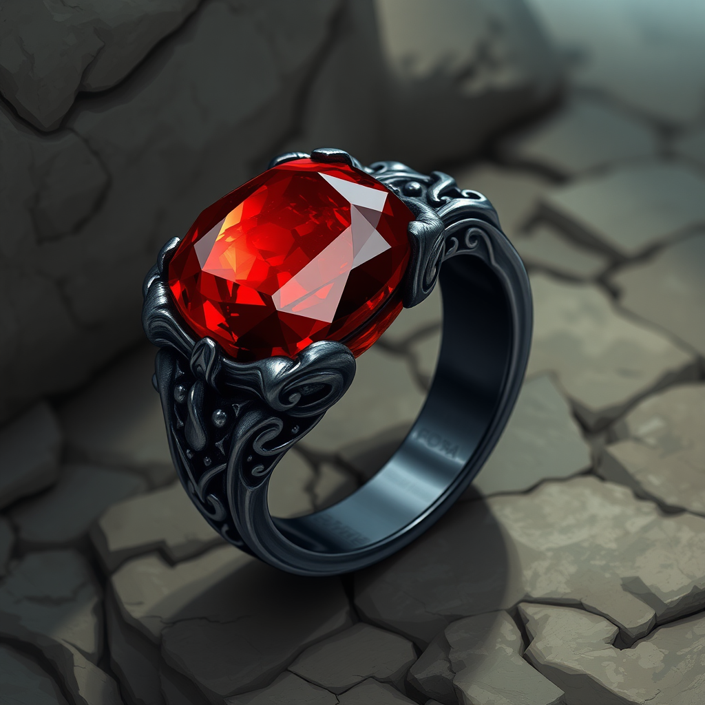 Detailed Dark Metal Ring with Red Magic Stone - V5.2