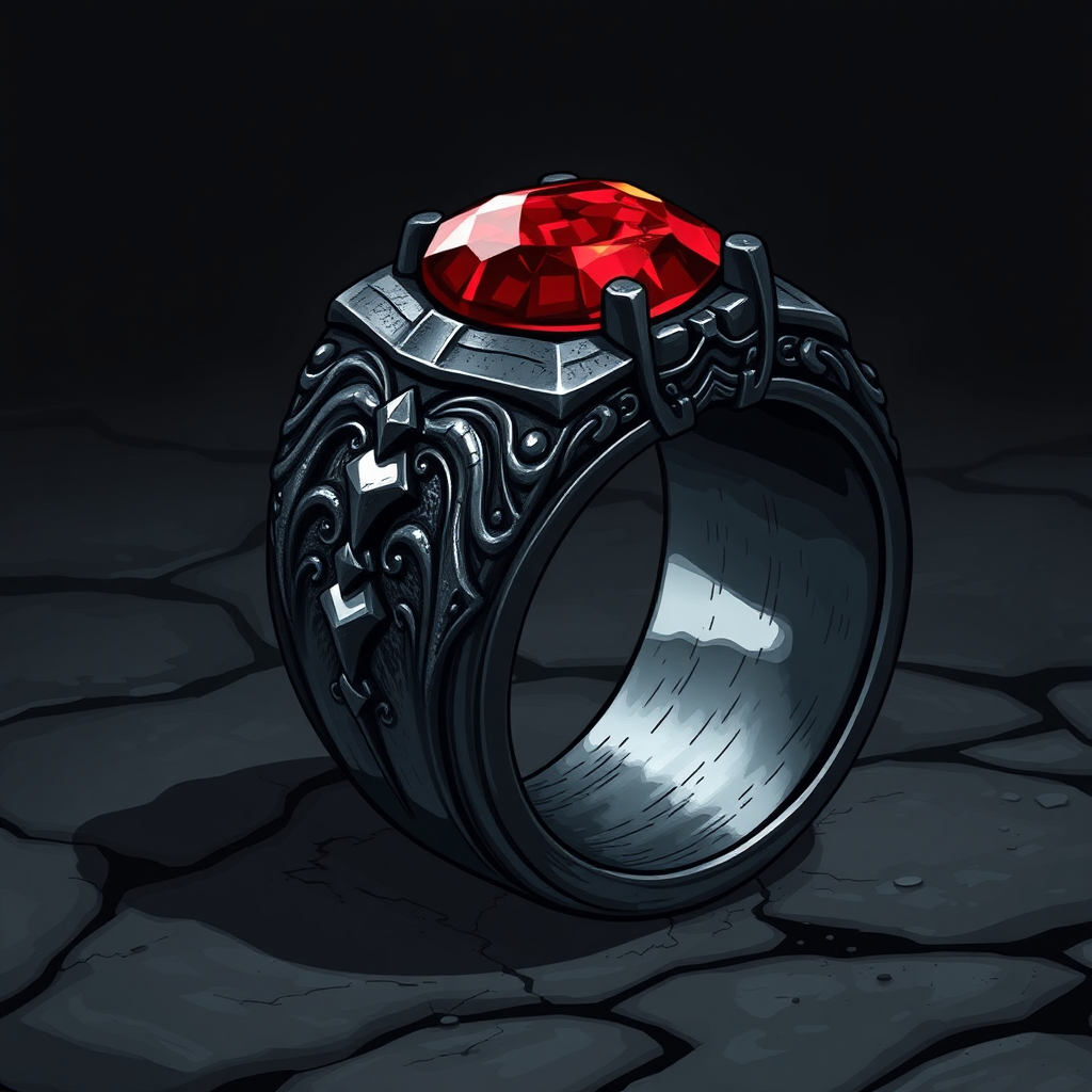 Detailed Dark Metal Ring with Red Magic Stone