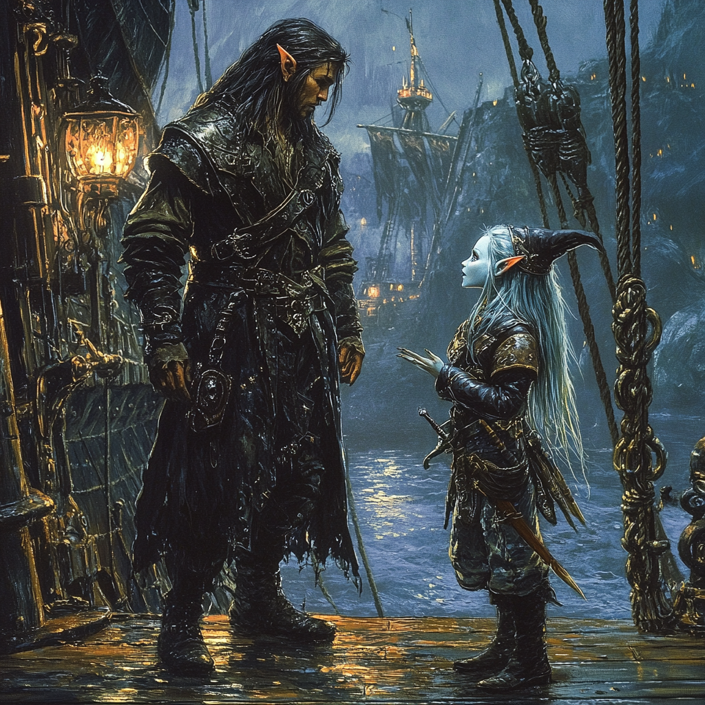 Detailed Gothic Alan Lee Style Image - Noble Male and Gnome on Elegant Ship