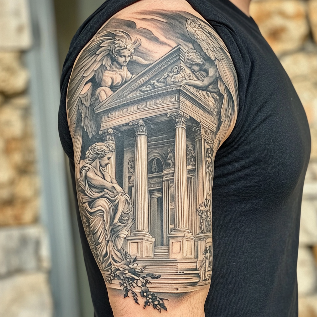 Detailed Greek church tattoo: Columns, gargoyle, angel, symbolism.