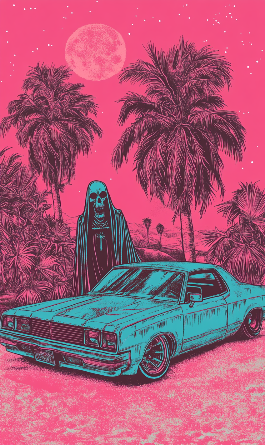 Detailed Illustration: Grim Reaper, Low Rider Cars, California Vibes