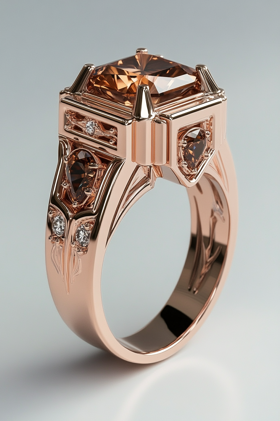 Detailed Rose Gold Ring with Diamond Emblem