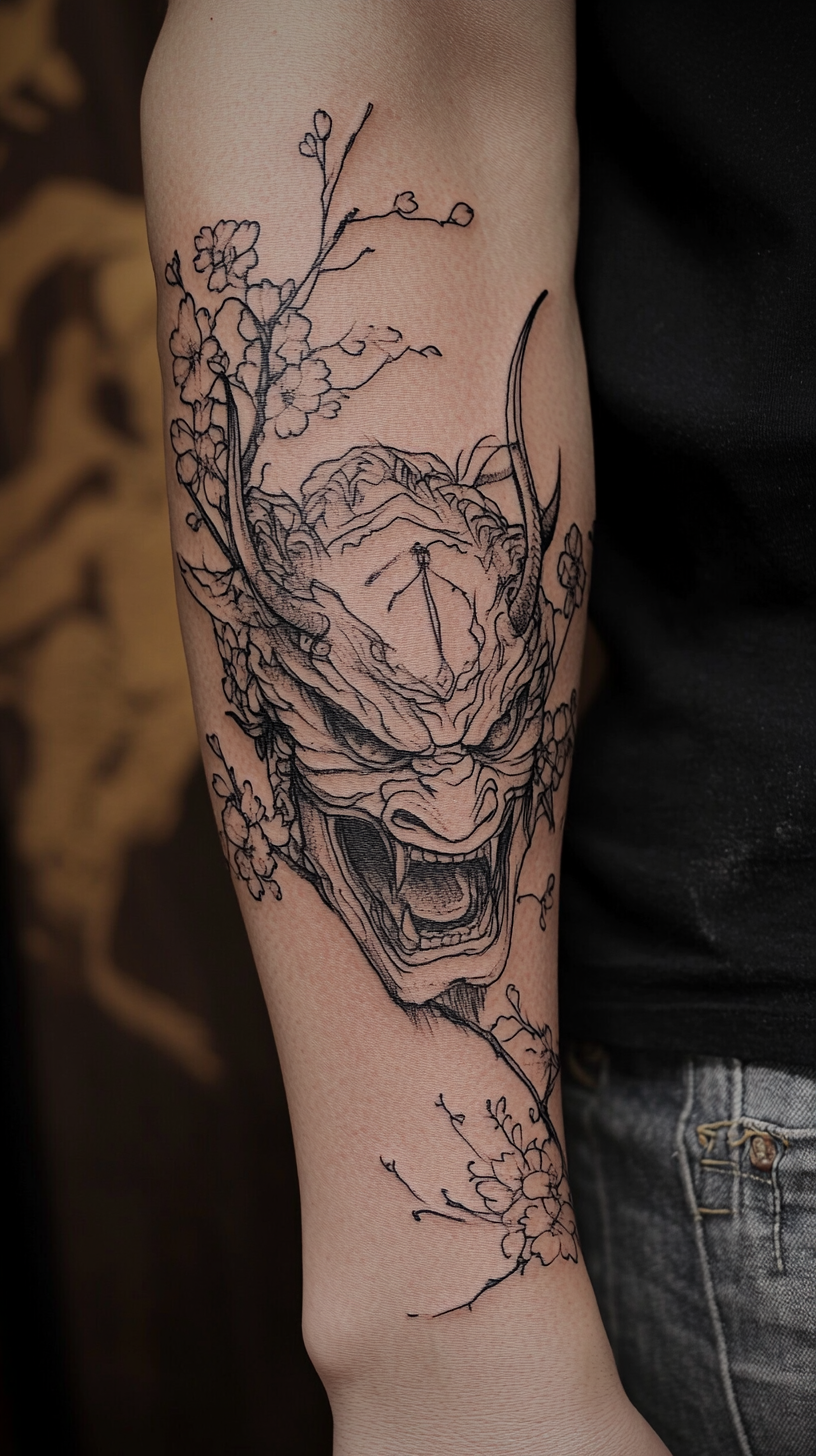 Detailed Samurai Hannya Mask Tattoo Design with Cherry Blossom Forearm Sleeve