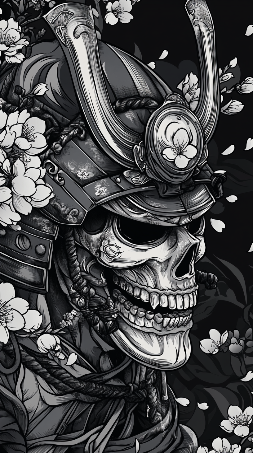 Detailed Samurai Hannya Mask Vector Outline with Skull