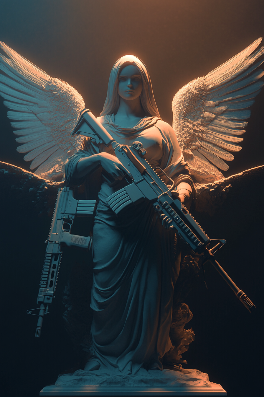 Detailed angel holding two ak-47s in simple background.