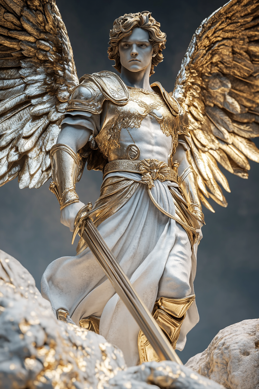 Detailed angel with weapons in hyper realistic 3D.