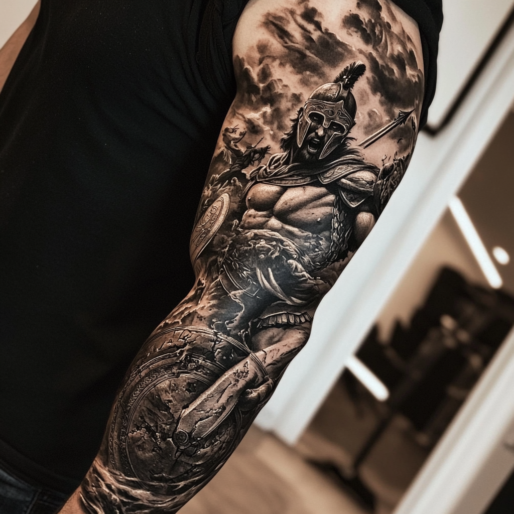 Detailed arm sleeve tattoo design inspired by Greek mythology.