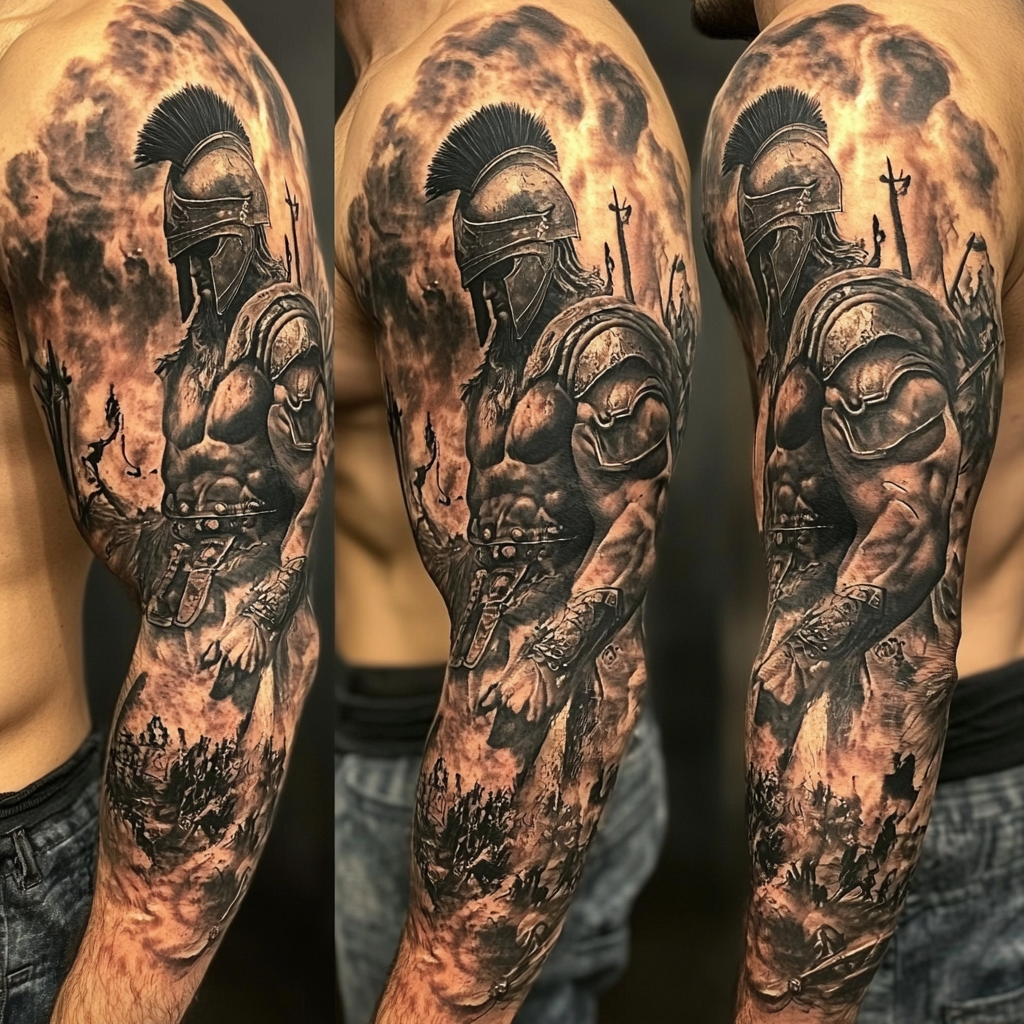 Detailed arm sleeve tattoo design with Greek mythology inspiration.