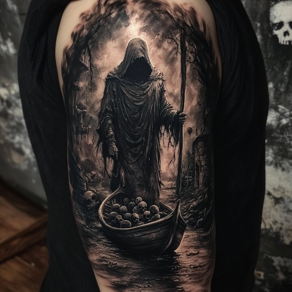 Detailed arm tattoo design of Charon, Greek ferryman of underworld.