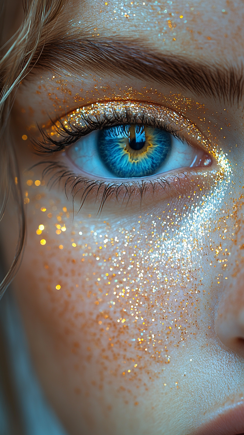 Detailed beautiful eye with glittery skin and space pupil.