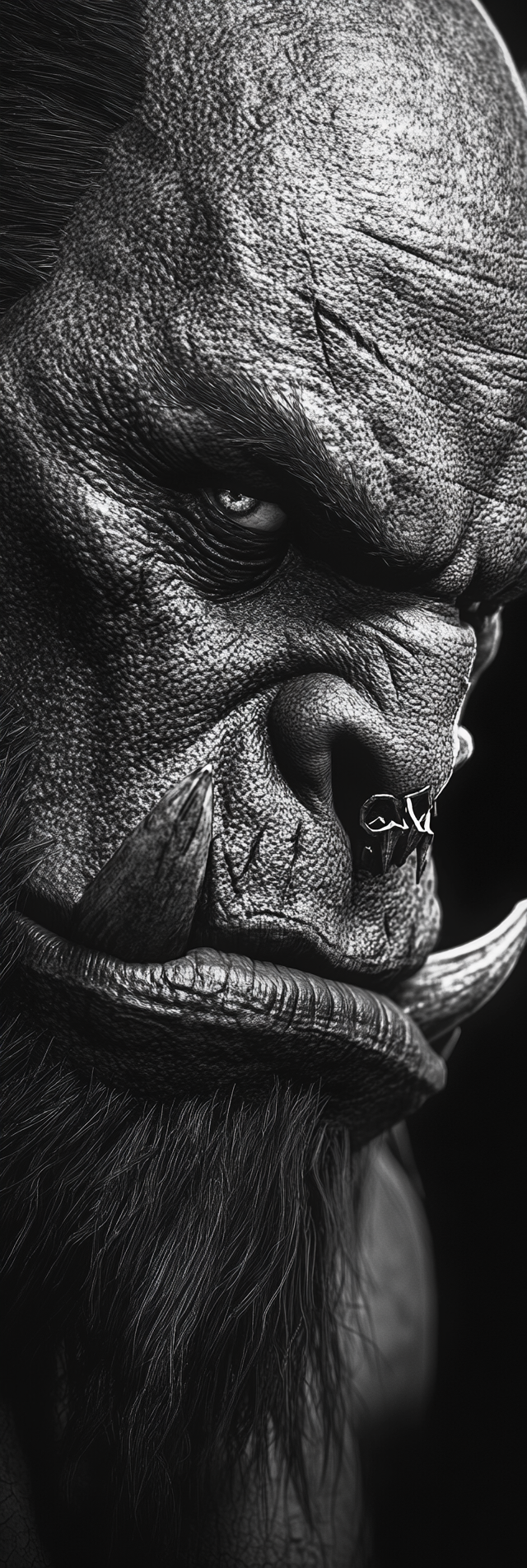 Detailed black and white orc portrait, inspired by Warcraft.