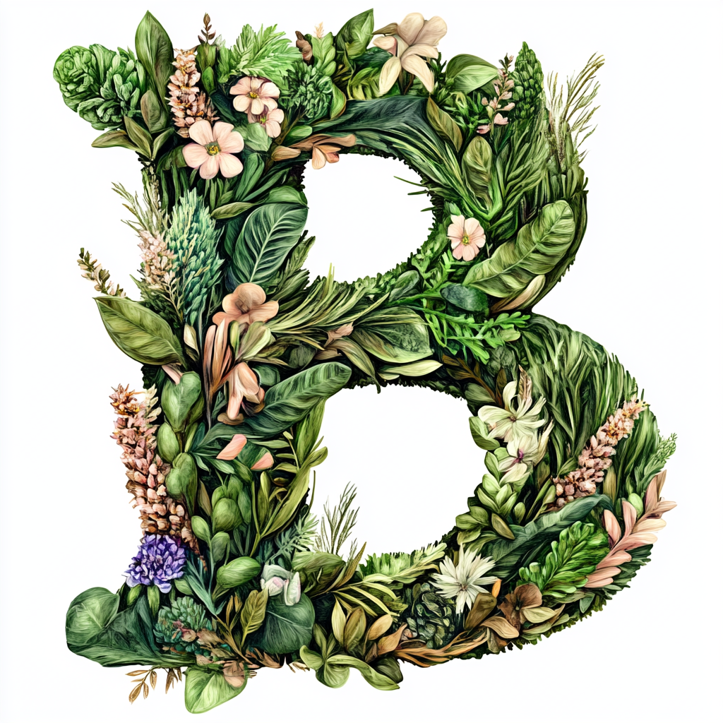 Detailed boho letter B icon with plants, fantasy digital painting.