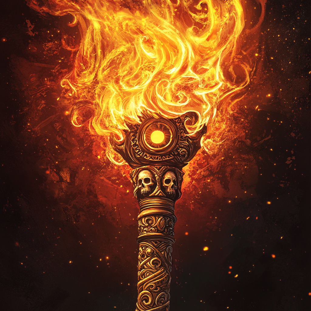 Detailed burning torch with engraved handle, watchful eye flame.