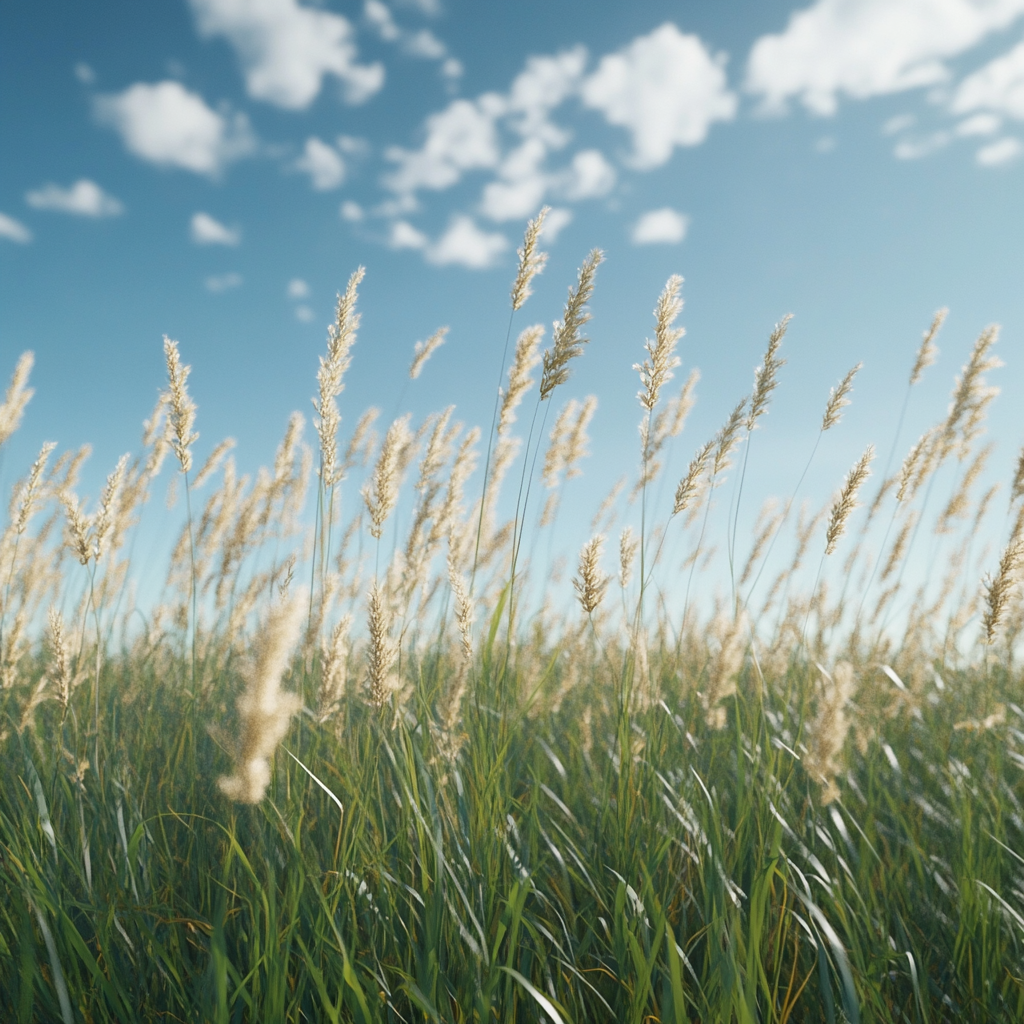 Detailed cinematic view of swaying grass in bright sunlight.