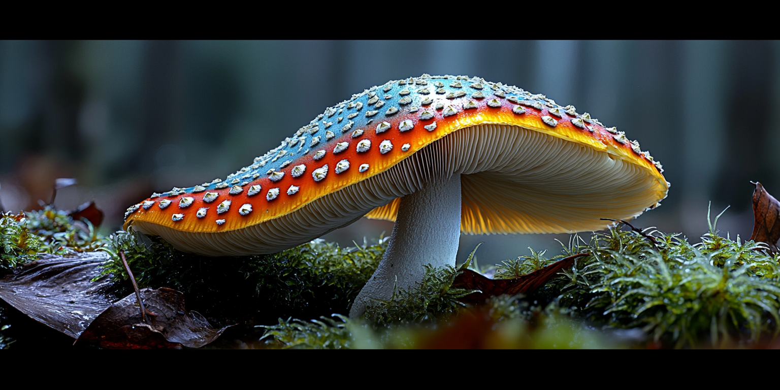 Detailed close up of a Fly agaric mushroom.