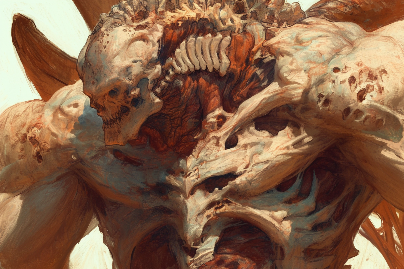 Detailed close-up of menacing monster with bone armor and evil skull head.