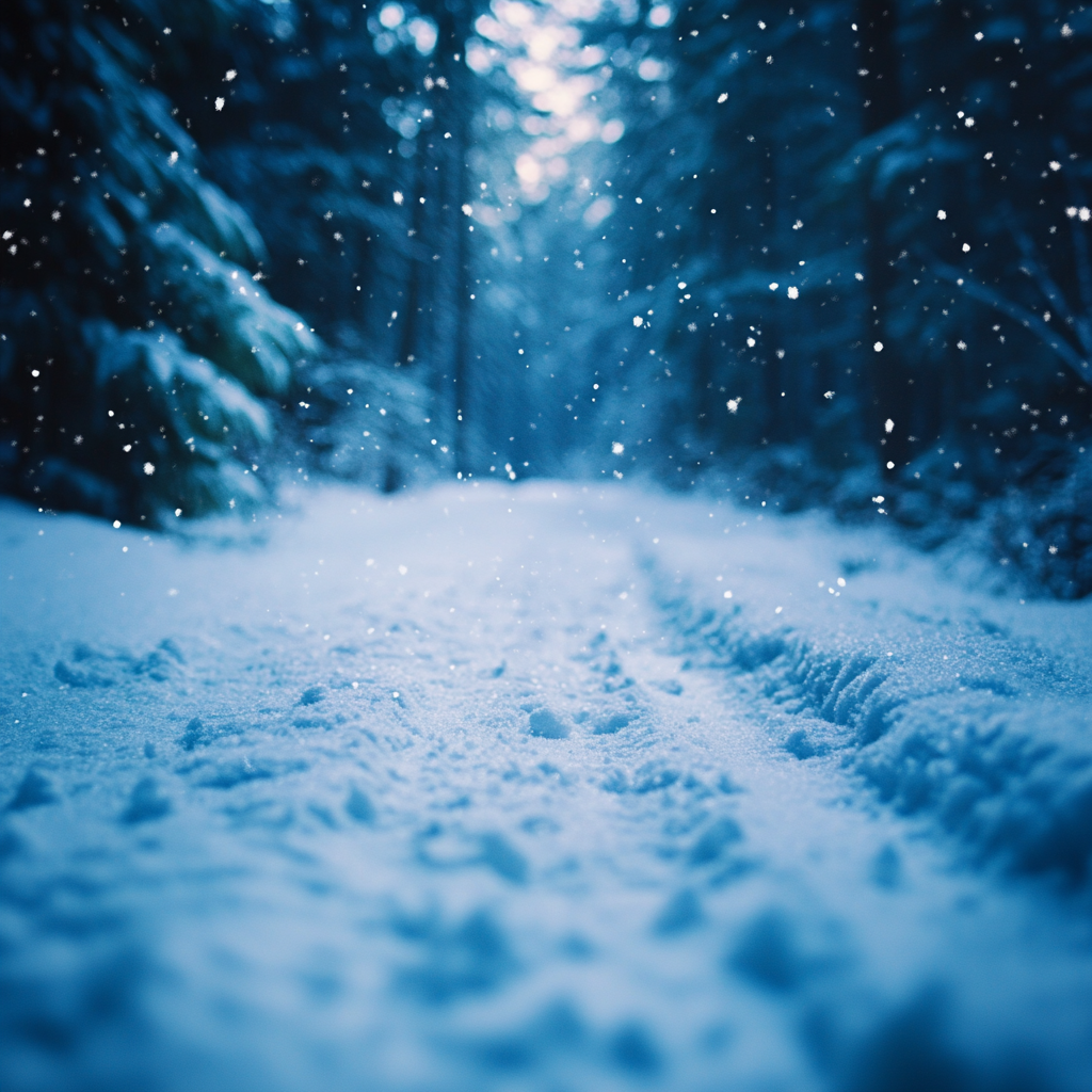 Detailed close up of snow covered path in forest.