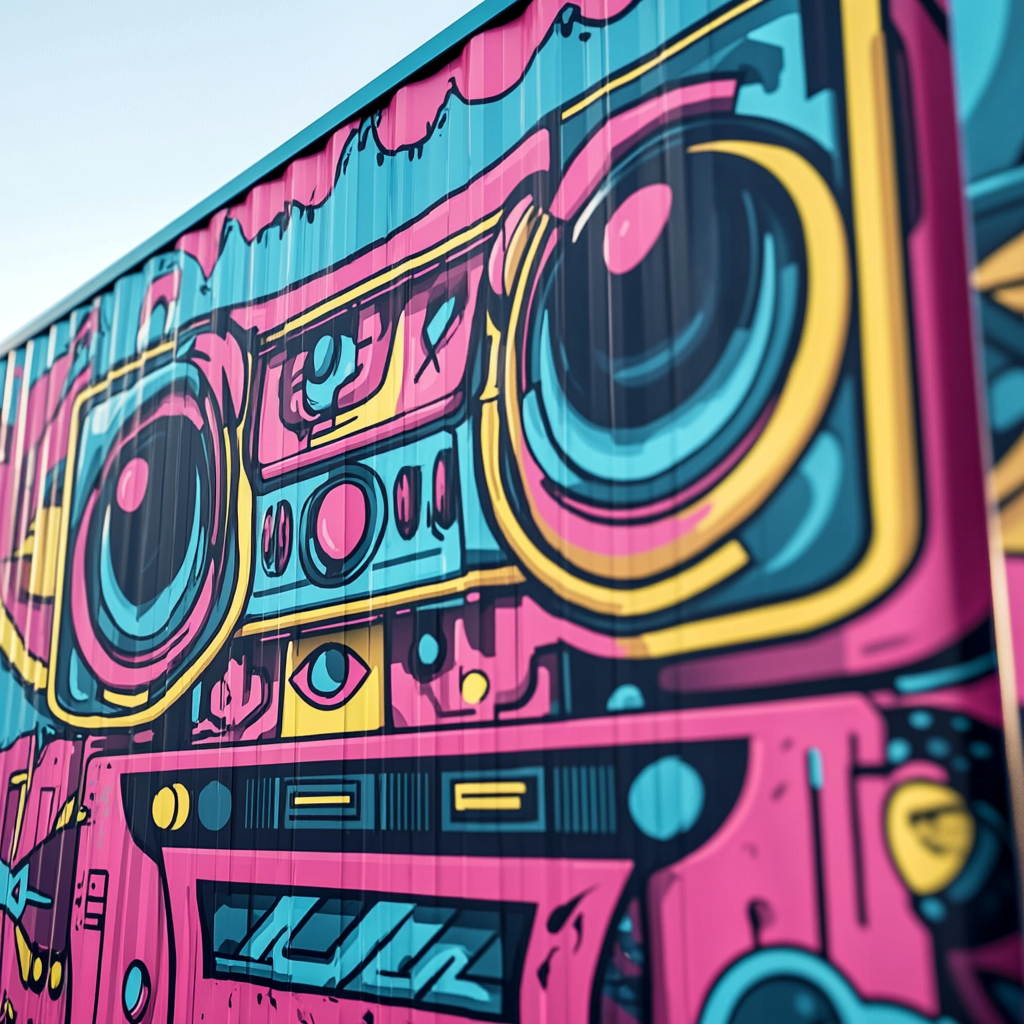 Detailed container design with psychedelic hip-hop artwork.