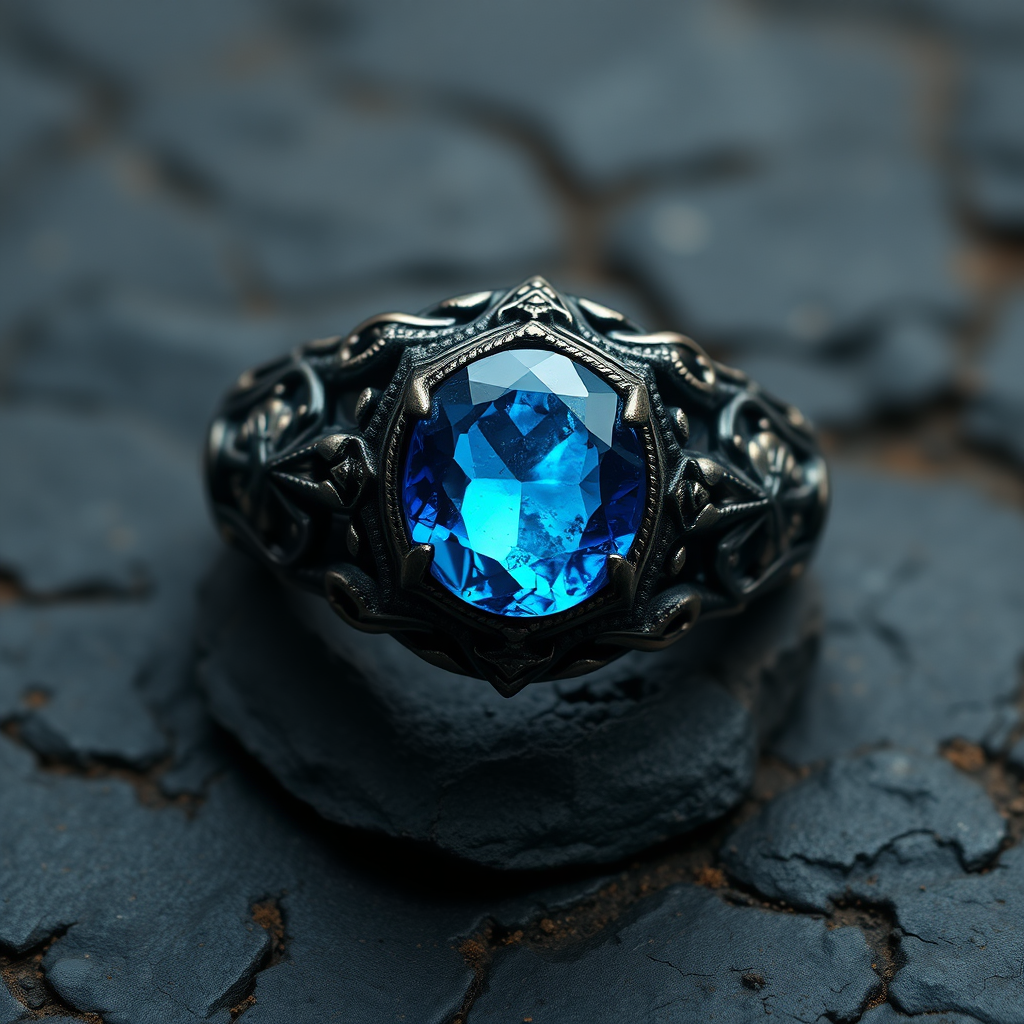 Detailed dark metal ring with blue magic stone - v 5.2