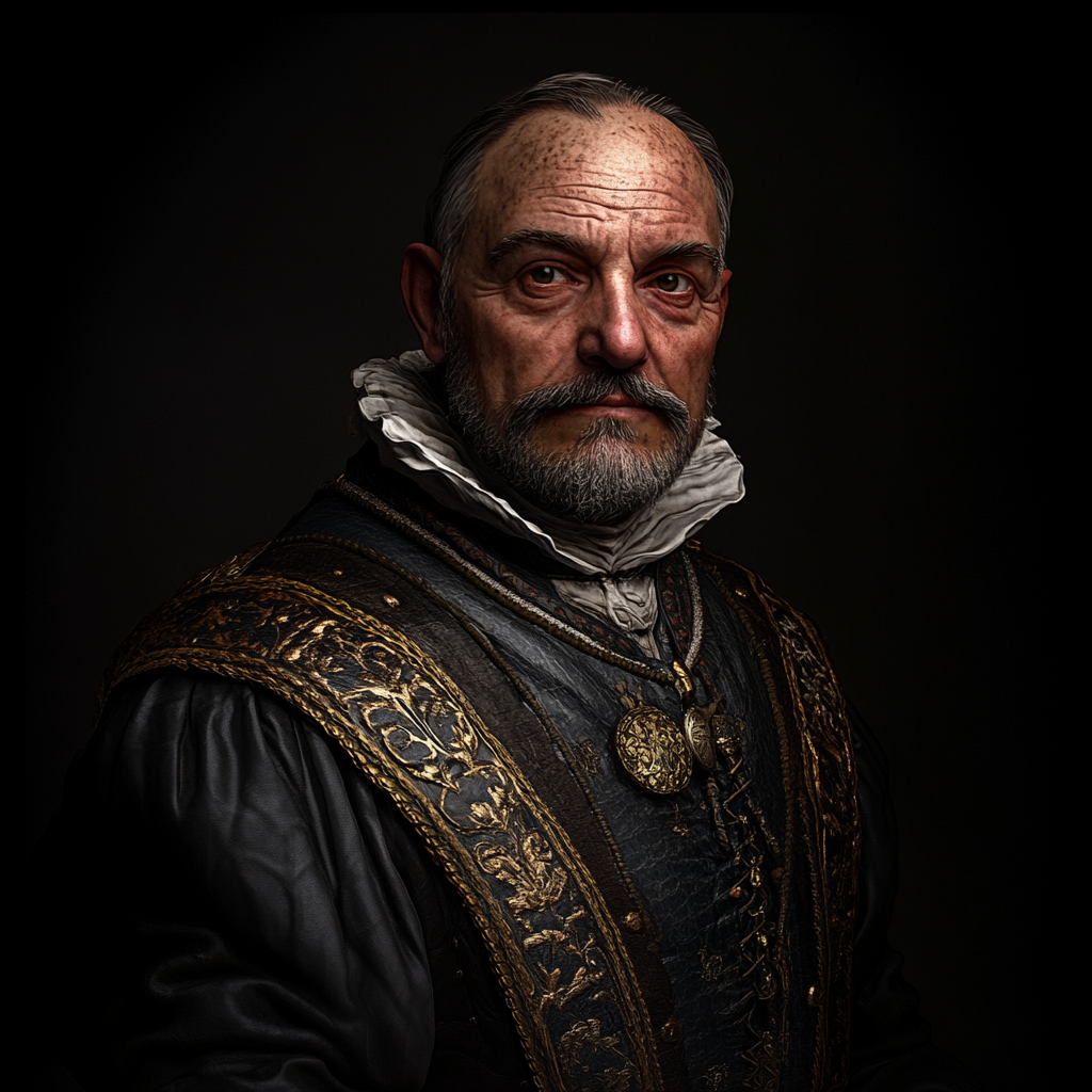 Detailed dark portrait on black background, medieval tavern owner.