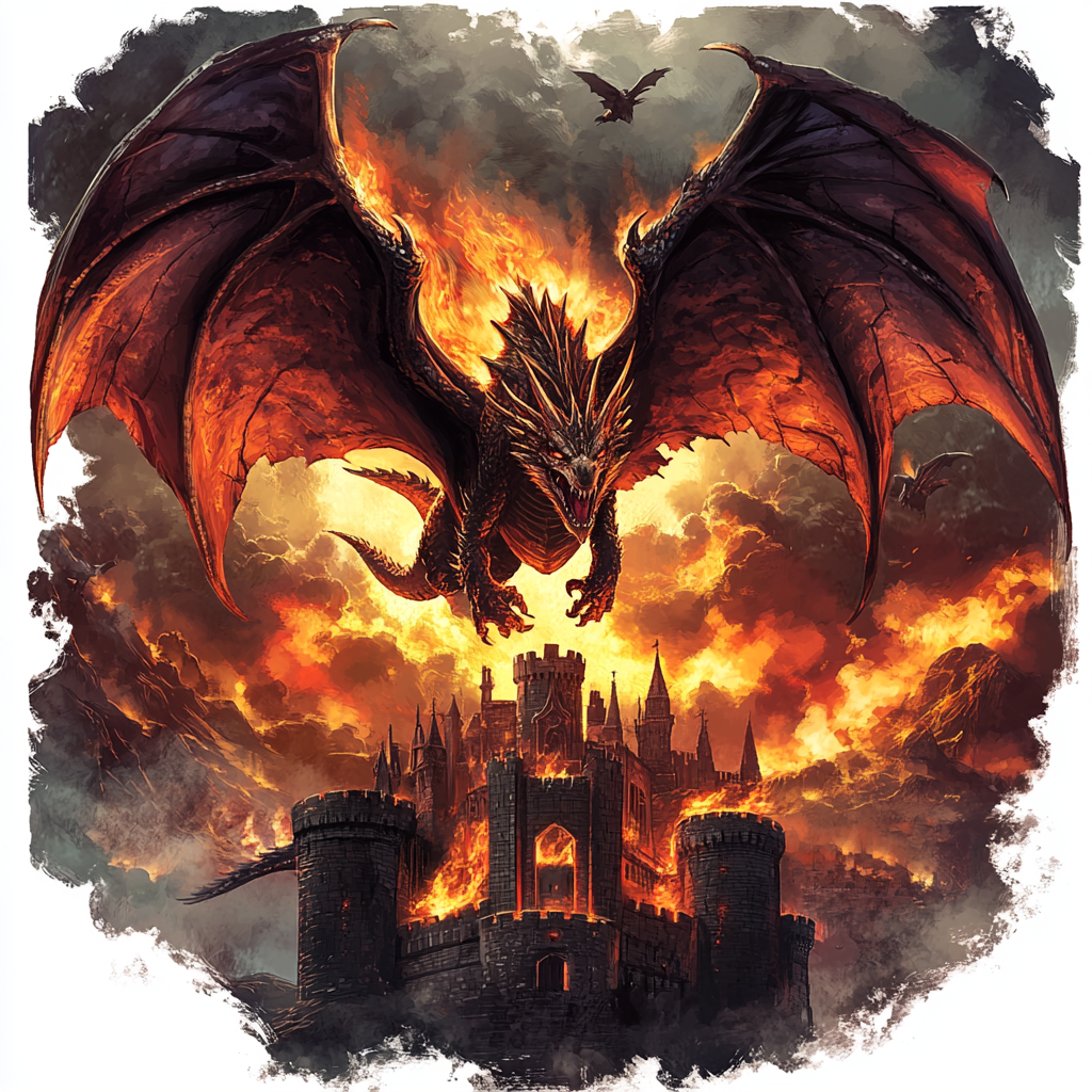 Detailed dragon flying over castle with glowing wings.