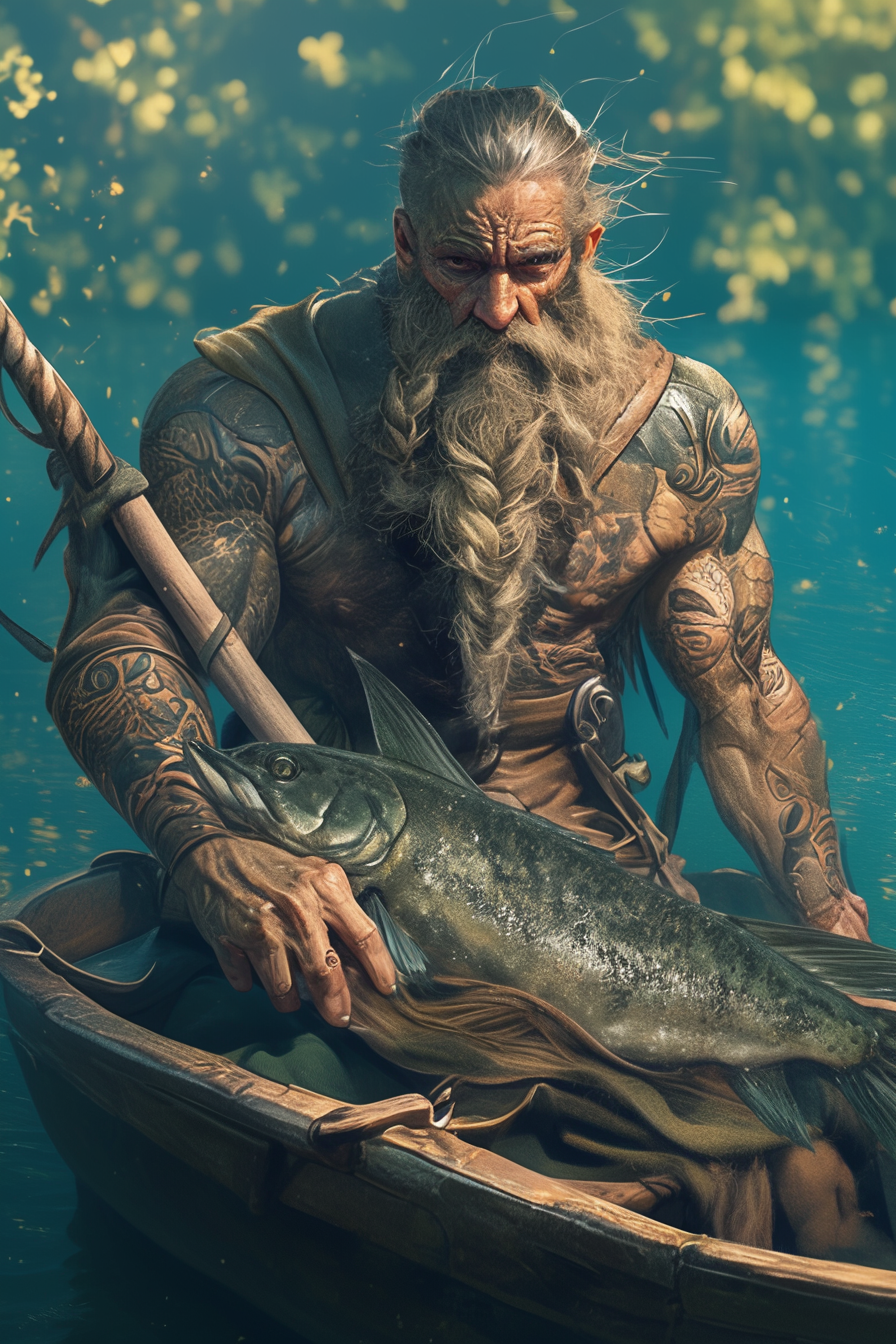 Detailed drawing of determined fantasy character with fishing pole.