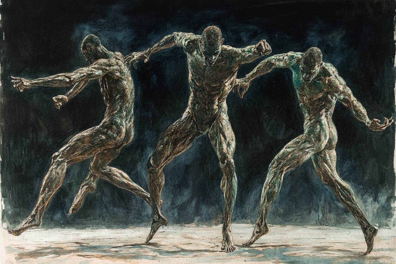 Detailed drawing of men dancing in surreal secret ritual.