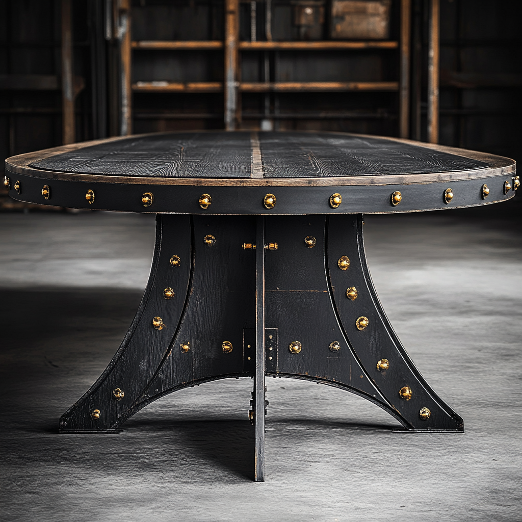 Detailed drawing of old industrial rounded dining table.