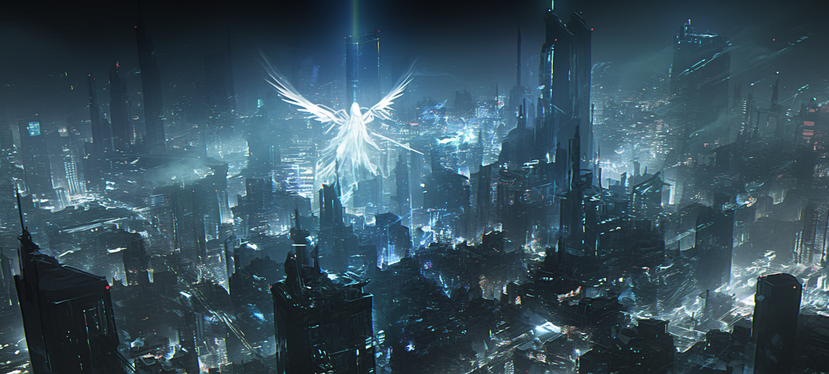 Detailed dystopian cityscape at midnight with glowing angel.