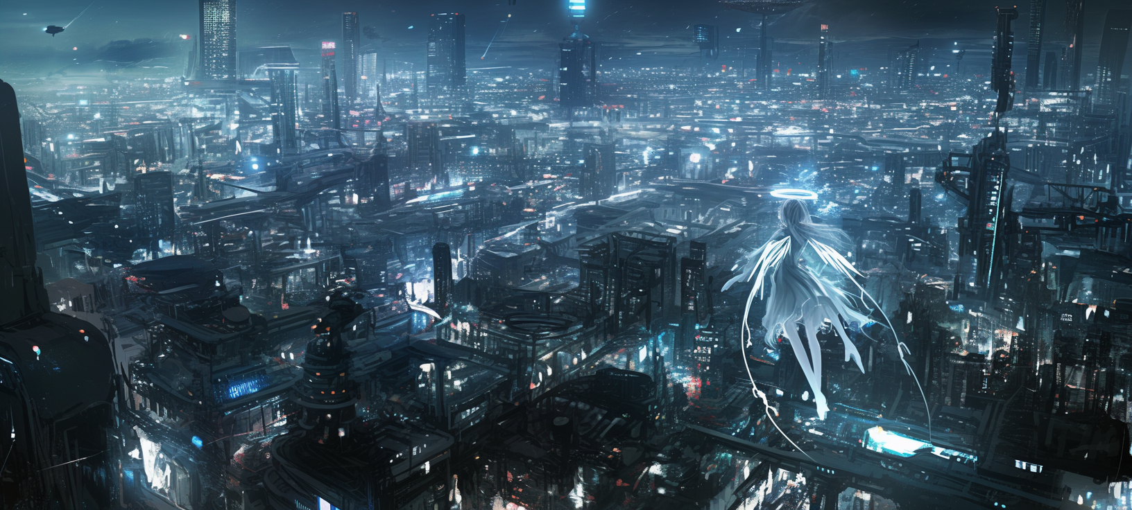 Detailed dystopian cityscape with angelic girl flying above.