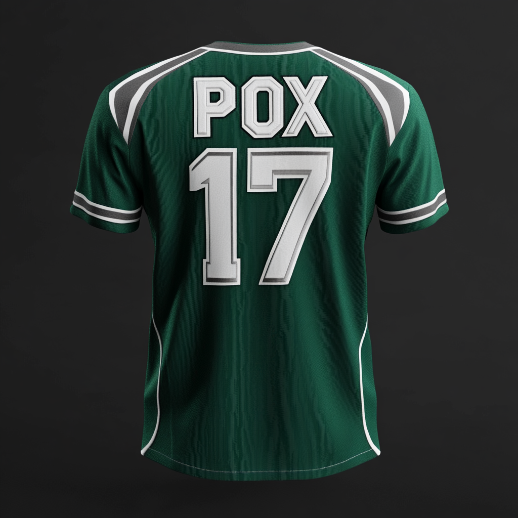 Detailed embroidered sports jersey design with 'POX' and '17', green, gray, white accents.