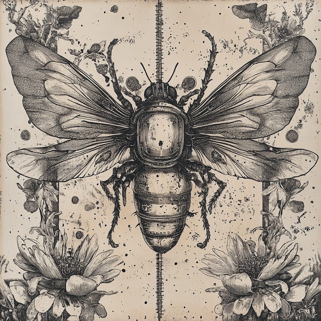 Detailed etching logo blends biotechnology, insects, pollen, toxic dust.