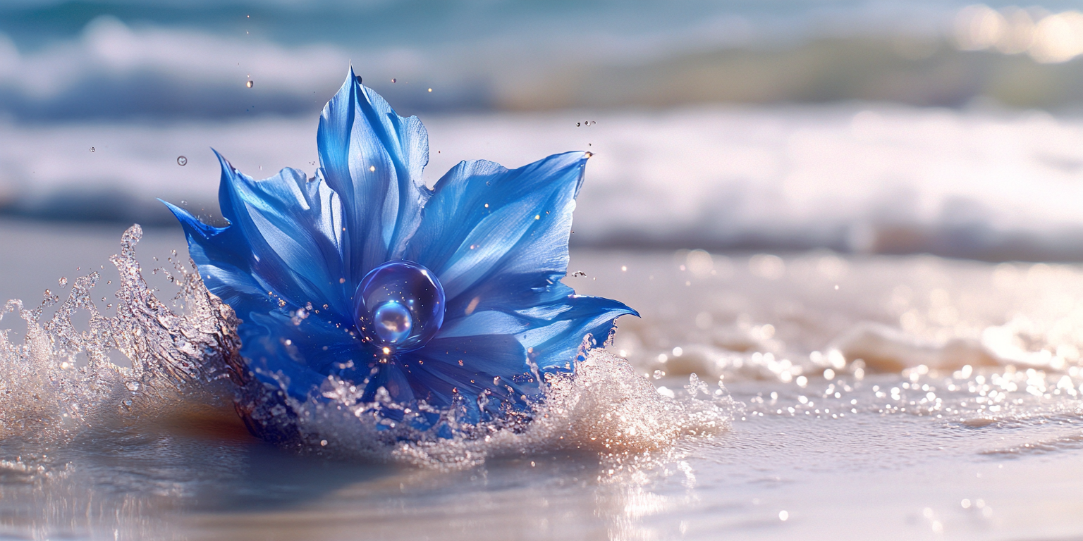 Detailed floating blue oceanflower with shiny pearl on beach.