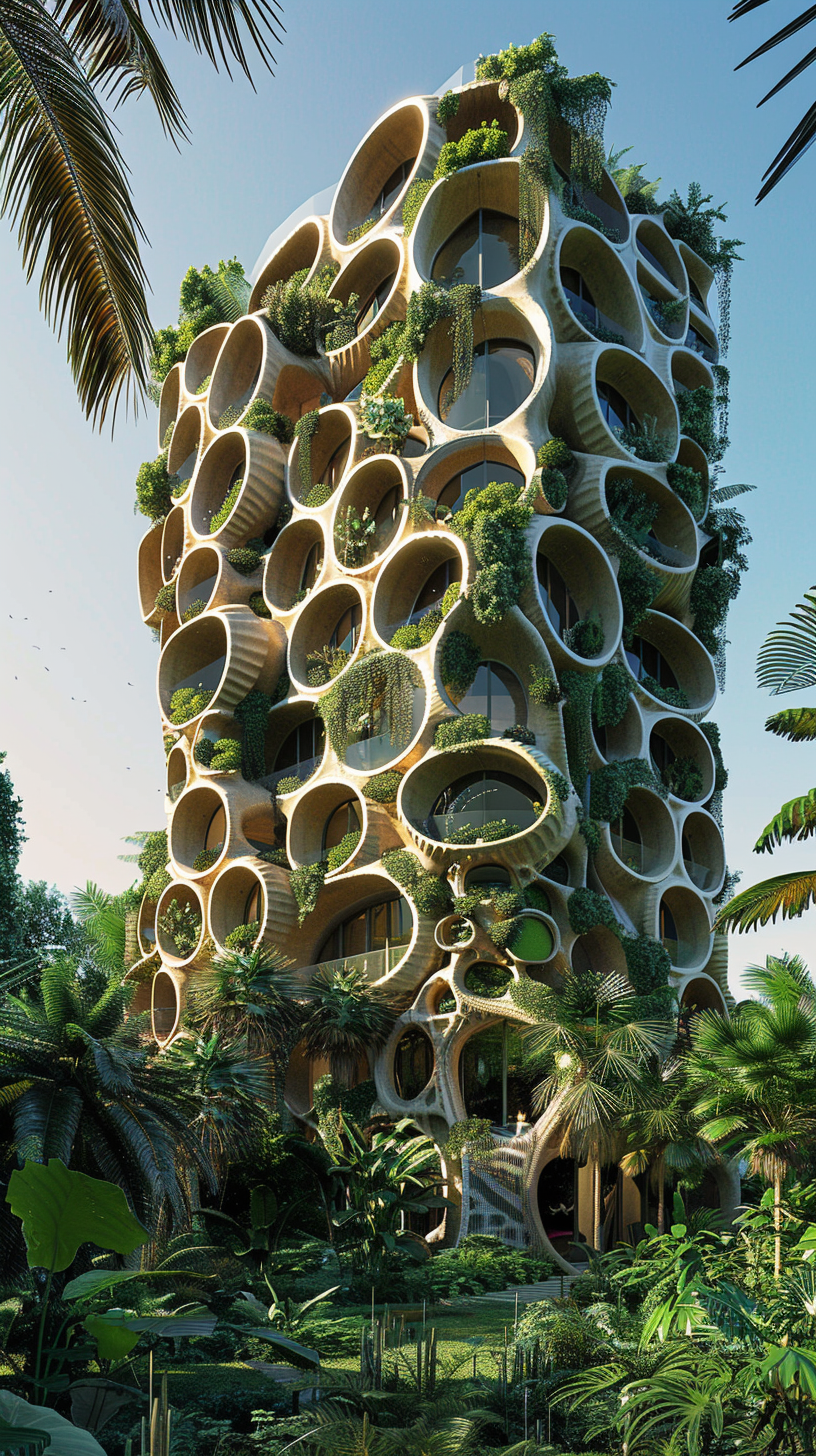 Detailed futuristic building with honeycomb shape surrounded by plants.