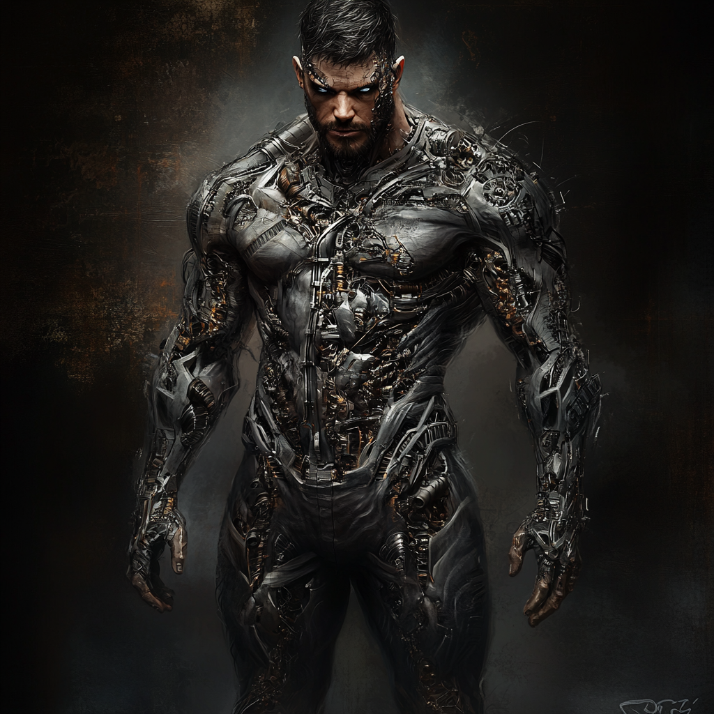 Detailed futuristic diesel punk man in surrealistic setting.