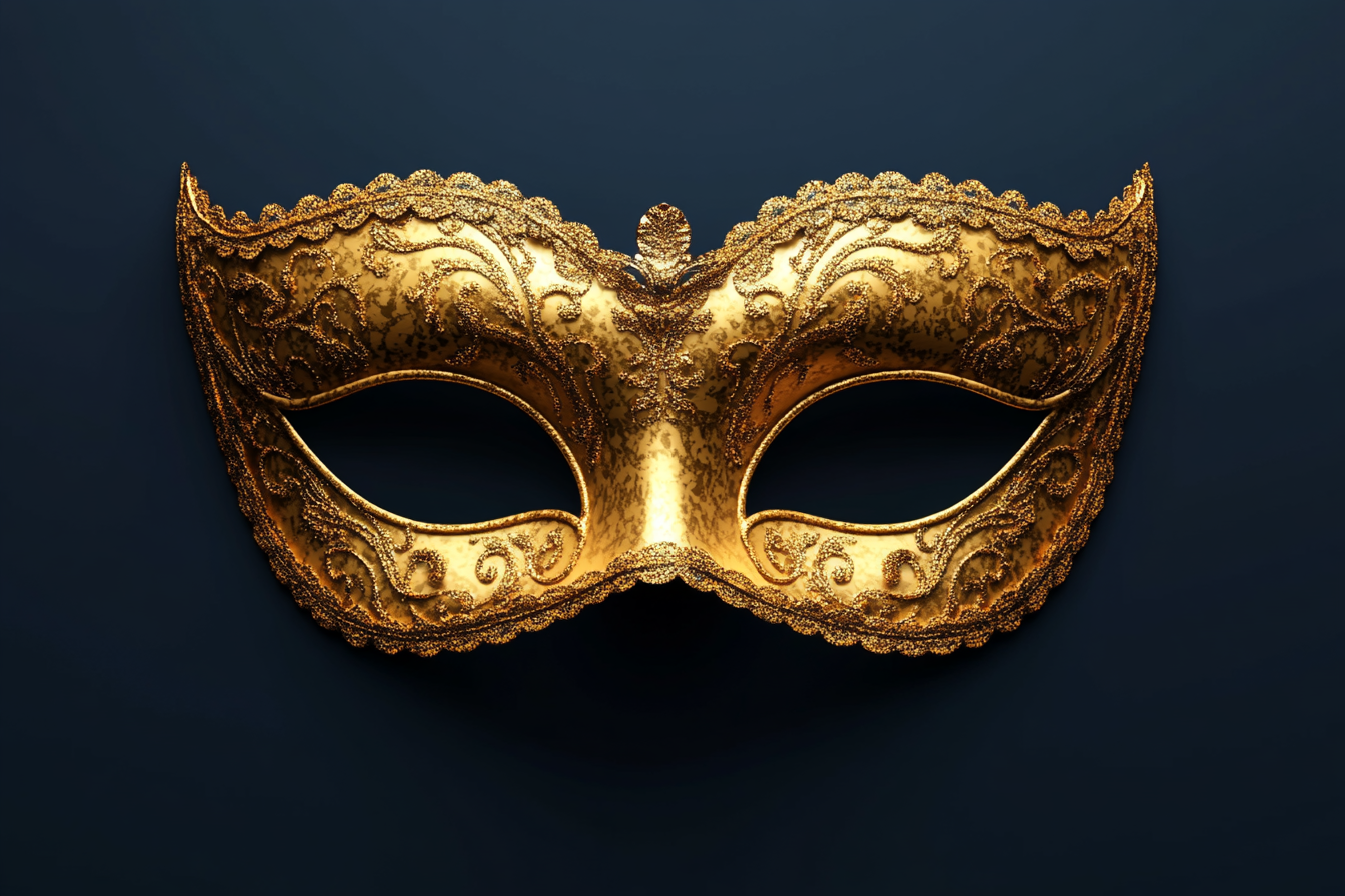 Detailed golden masquerade mask on dark blue background.