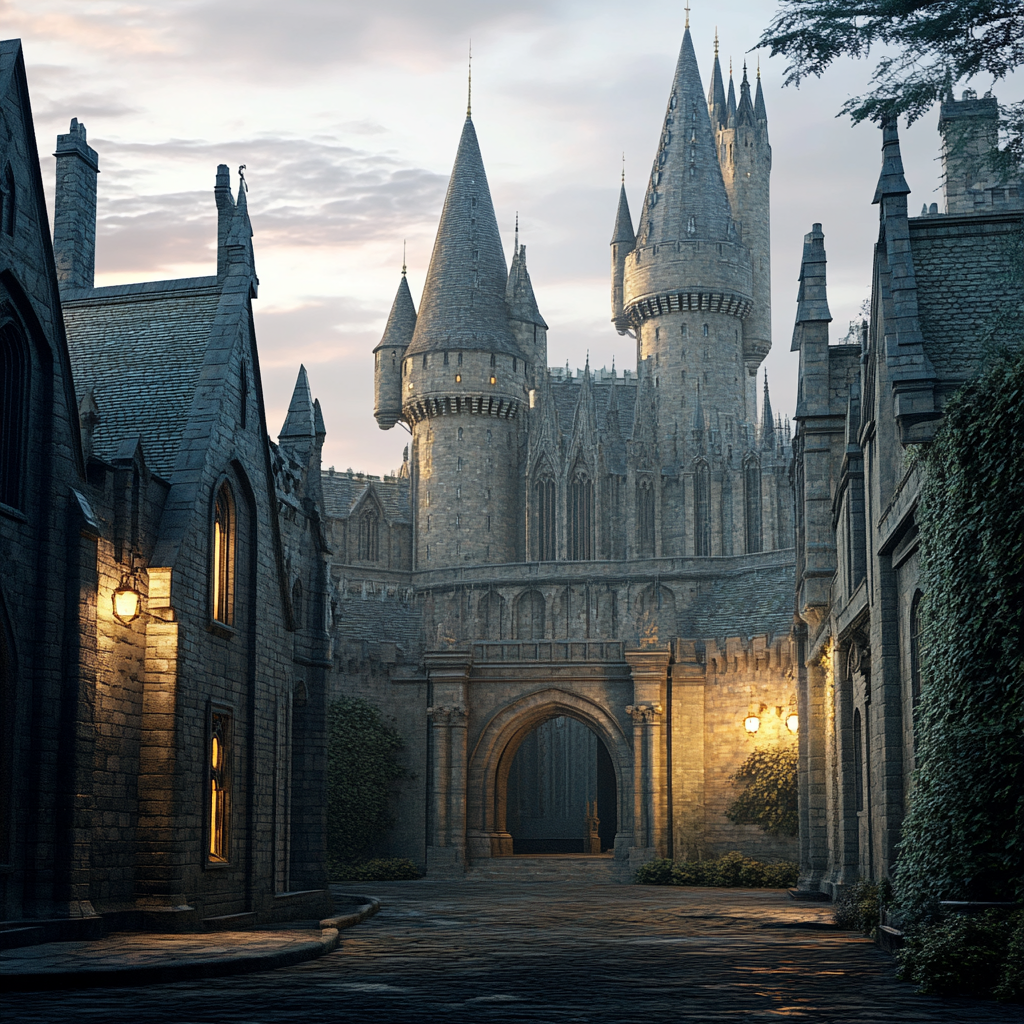 Detailed high-res image showcases Hogwarts Castle's grandiose medieval architecture.