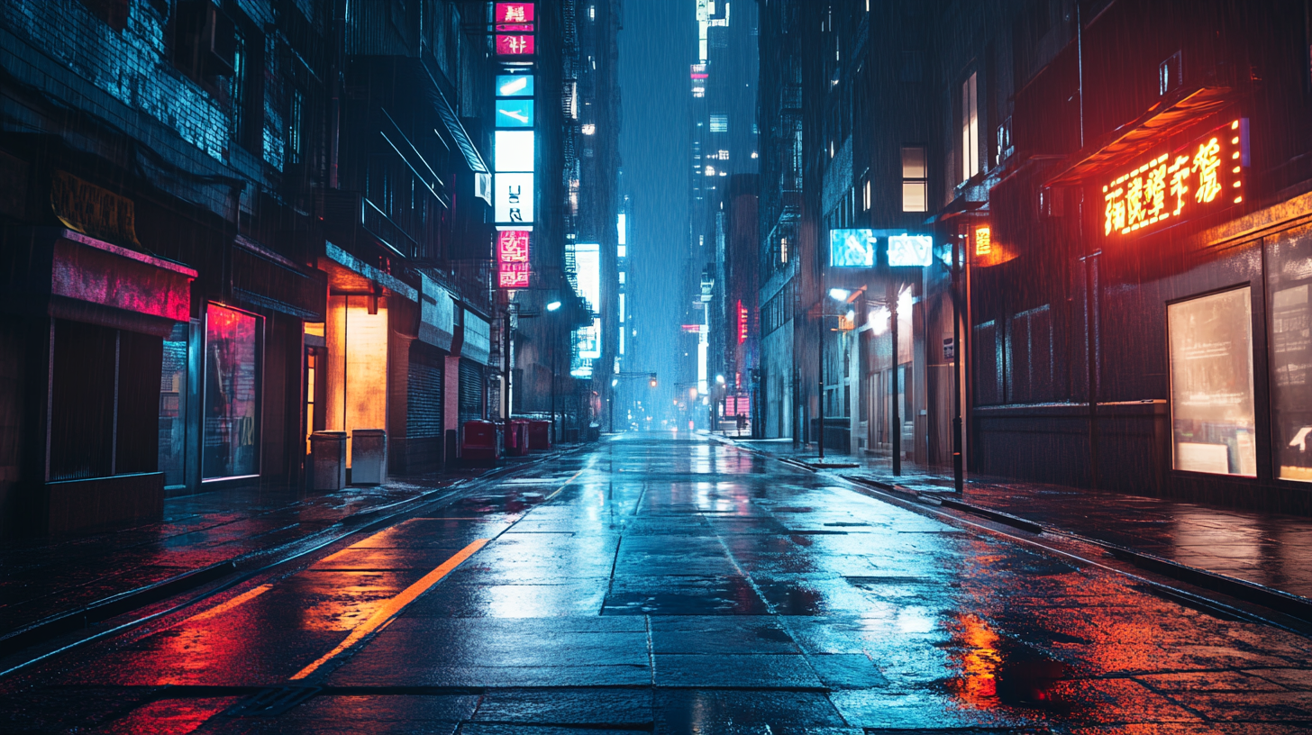 Detailed high resolution cyberpunk city street photo.