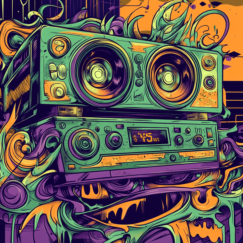 Detailed hip-hop stereo system inspired by graffiti art.