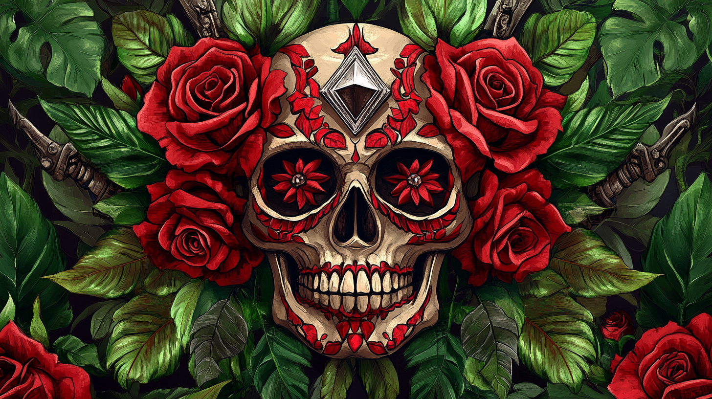 Detailed illustration of skull with red roses and swords.