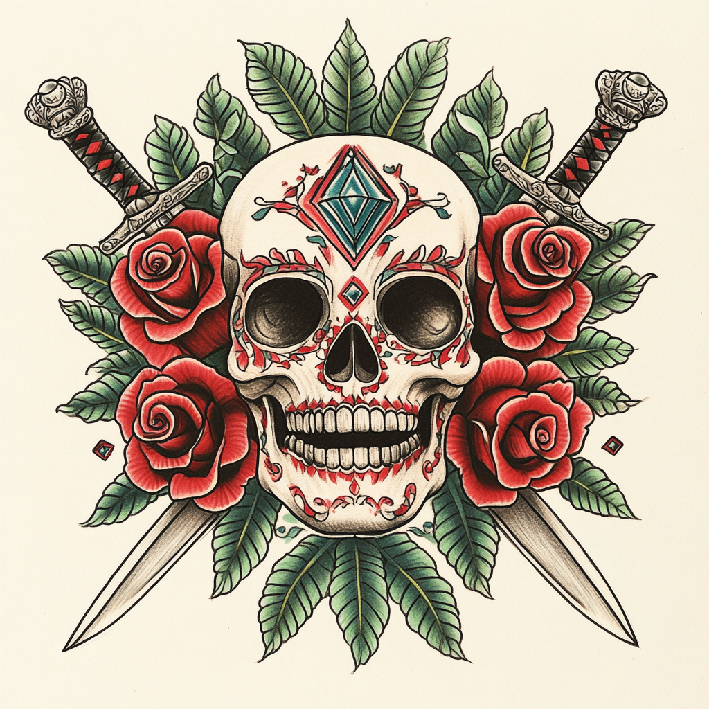 Detailed illustration of skull with roses and swords.