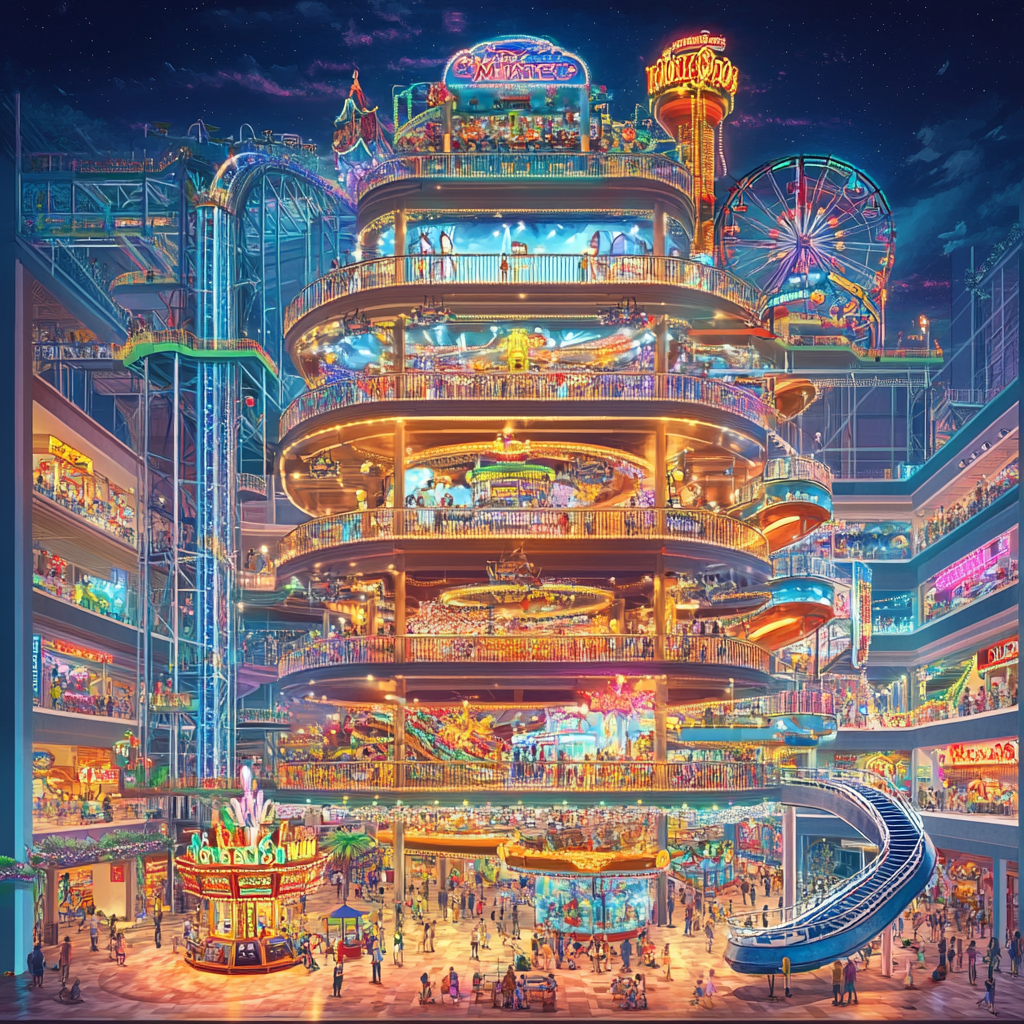 Detailed illustration of vibrant mega amusement park