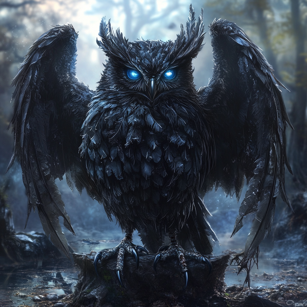 Detailed illustration of zombie owl in swamp