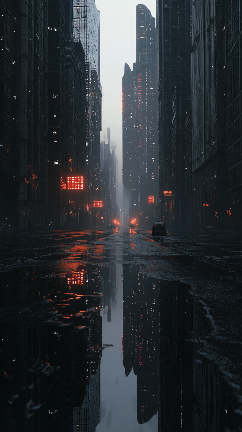 Detailed image of dark, deserted dystopian cityscape in 8K.