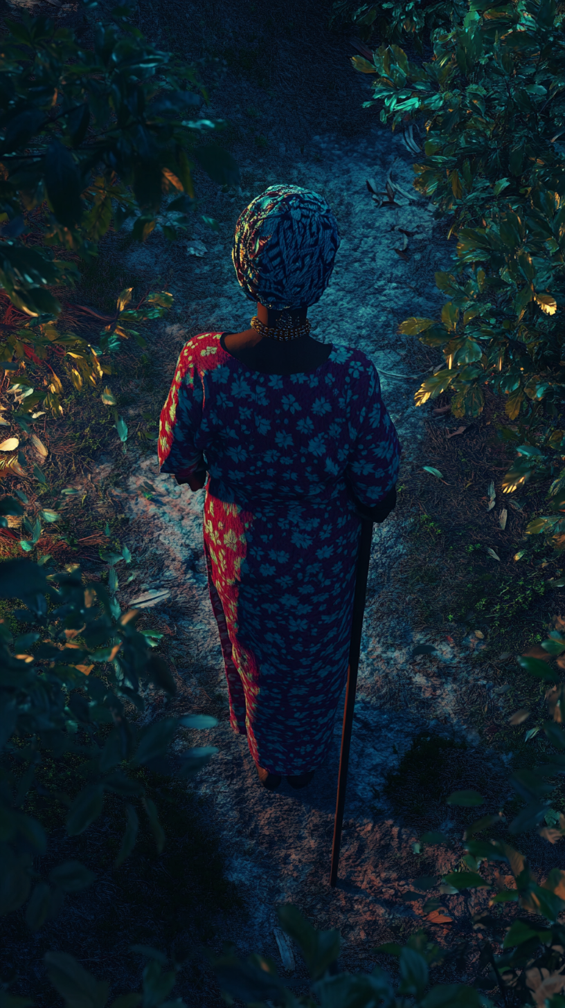 Detailed image of elderly Nigerian woman in forest at night.