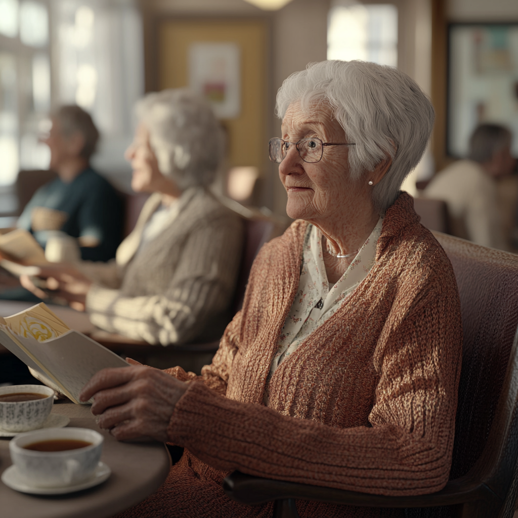 Detailed image of elderly care home residents interacting.