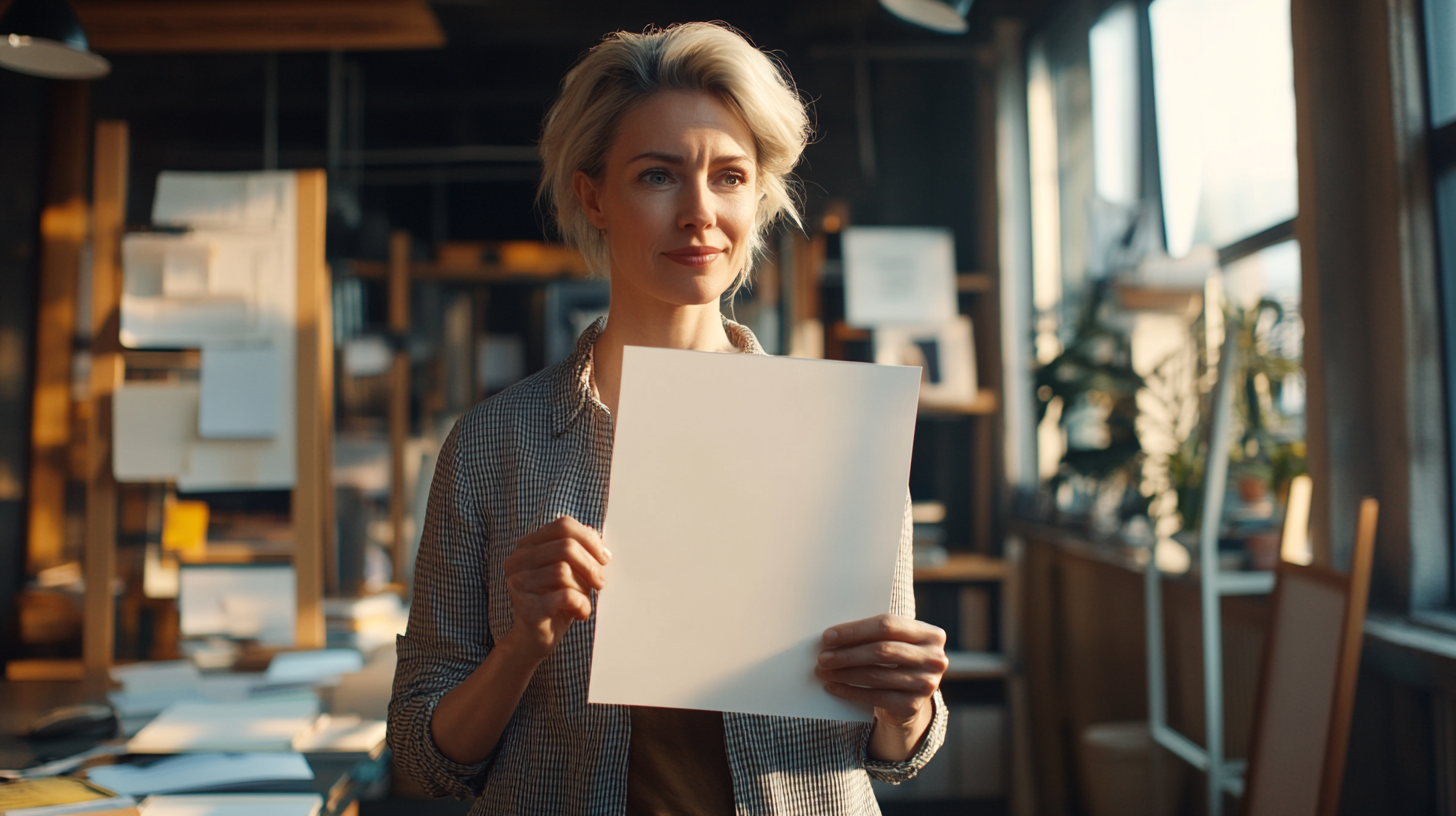 Detailed image of happy businesswoman in modern office.