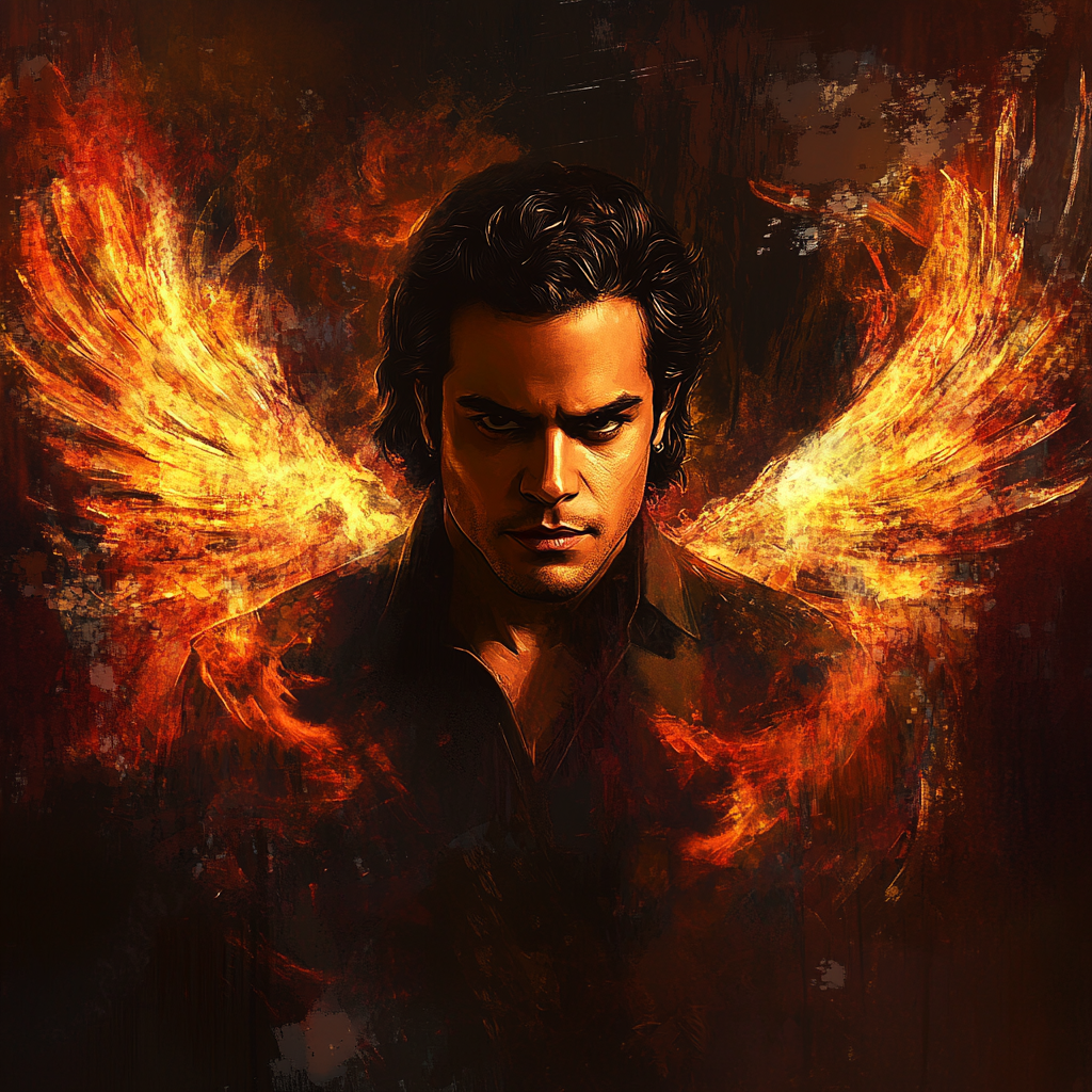 Detailed image of man resembling Juan Gabriel, fiery wings.