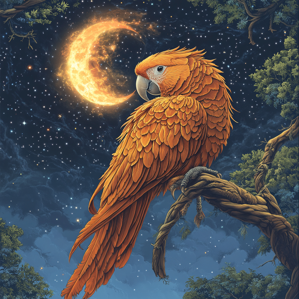 Detailed magical illustration focus on majestic orange parrot.