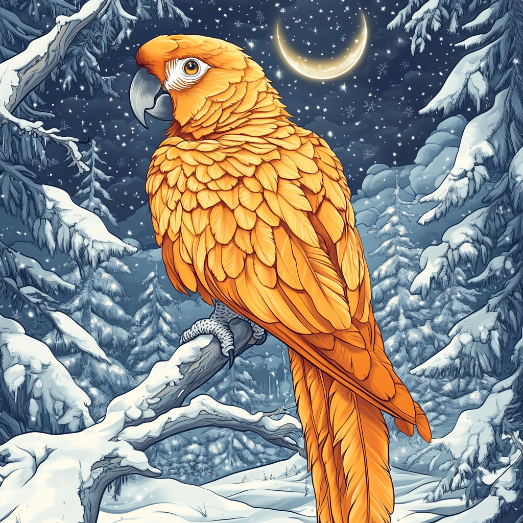 Detailed magical illustration of majestic orange parrot in winter.